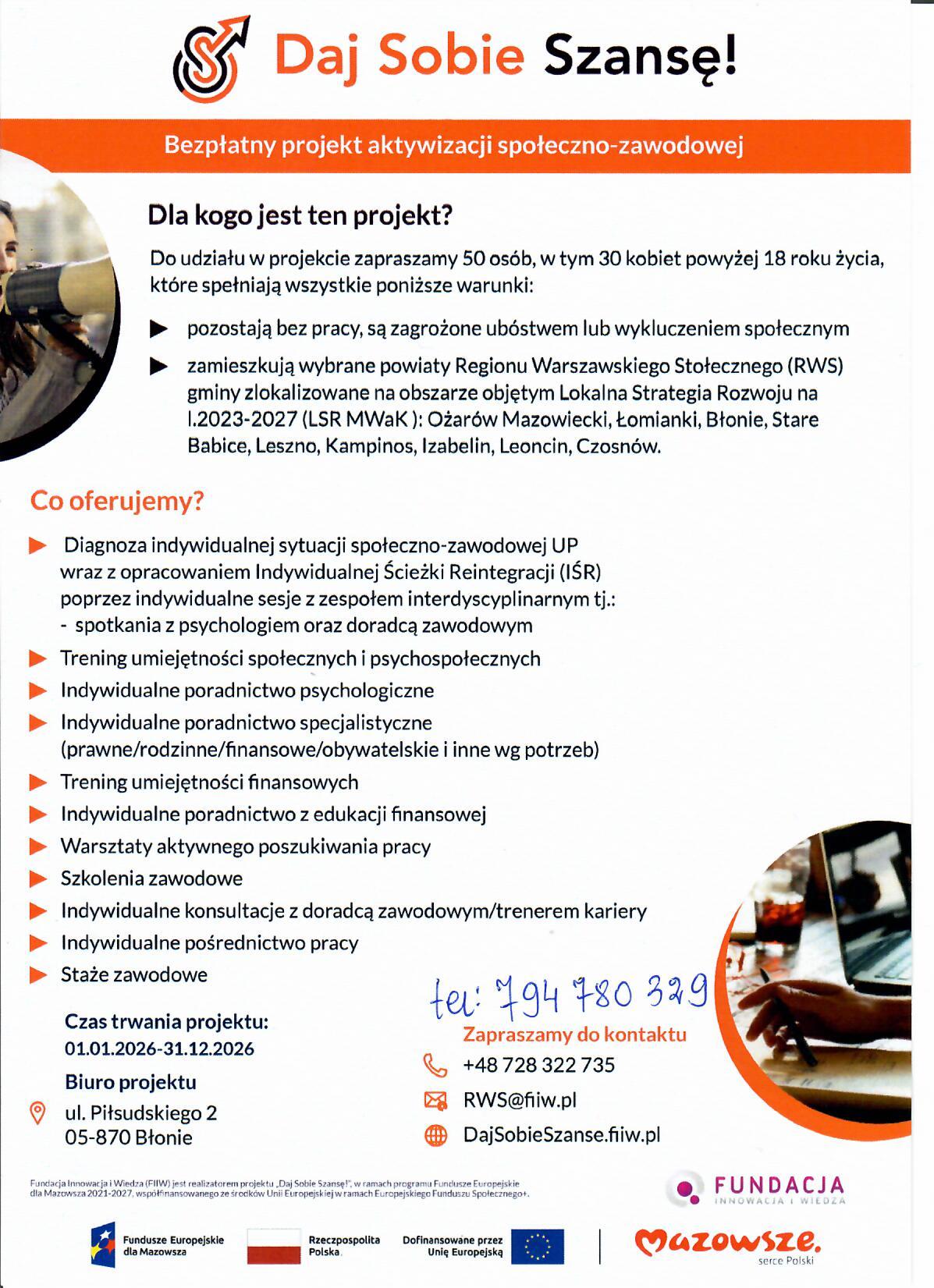 Bezpłatny projekt aktywizacji społeczno-zawodowej Daj Sobie Szansę!