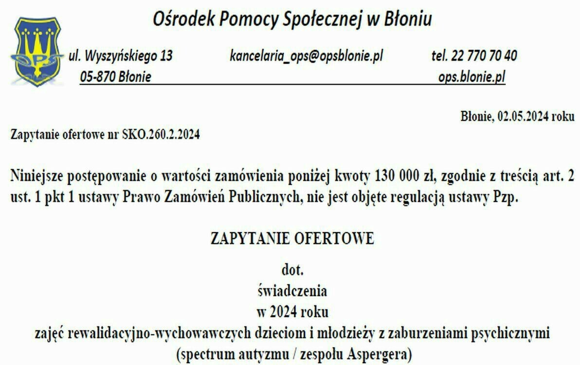 Zdjęcie do Zapytanie ofertowe na świadczenie zajęć rewalidacyjno-wychowawczych w 2024 roku 