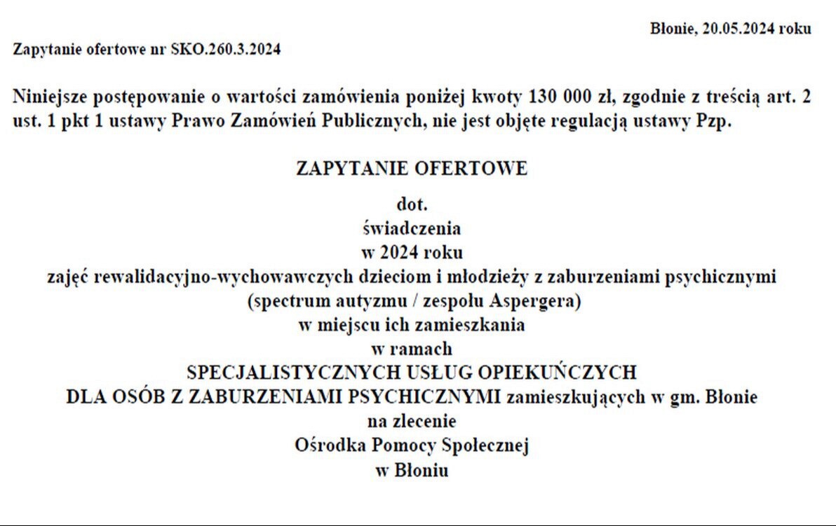 Zdjęcie do 3 Zapytanie ofertowe na świadczenie zajęć rewalidacyjno-wychowawczych w 2024 roku 