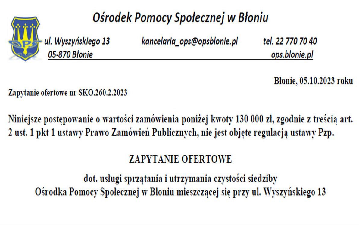 Zdjęcie do Zapytanie ofertowe dot. usługi sprzątania i utrzymania czystości siedziby OPS w Błoniu w 2024 roku