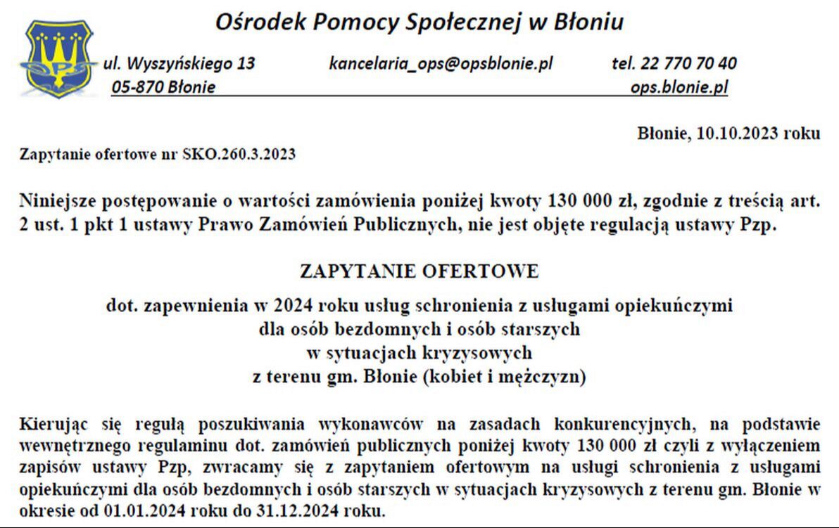 Zdjęcie do Zapytanie ofertowe dot. zapewnienia w 2024 roku usług schronienia z usługami opiekuńczymi dla os&oacute;b bezdomnych z terenu gm Błonie