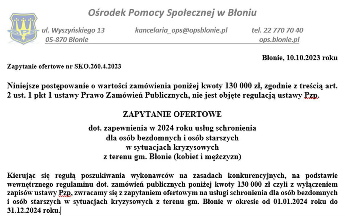 Zdjęcie do Zapytanie ofertowe dot. zapewnienia w 2024 roku usług schronienia dla os&oacute;b bezdomnych z terenu gm Błonie